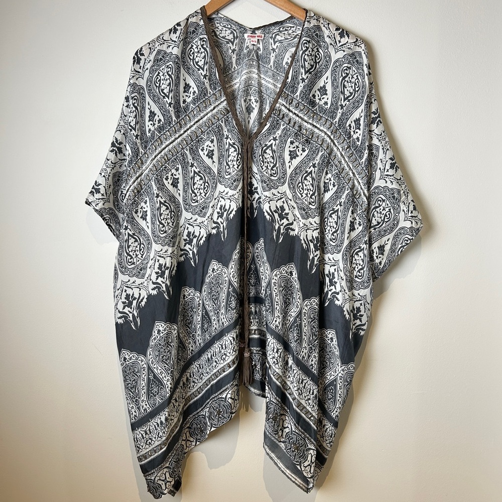 Johnny Was 1 Size Silk Poncho Kimono Tunic Coverup w/ Studs & Braided Leather